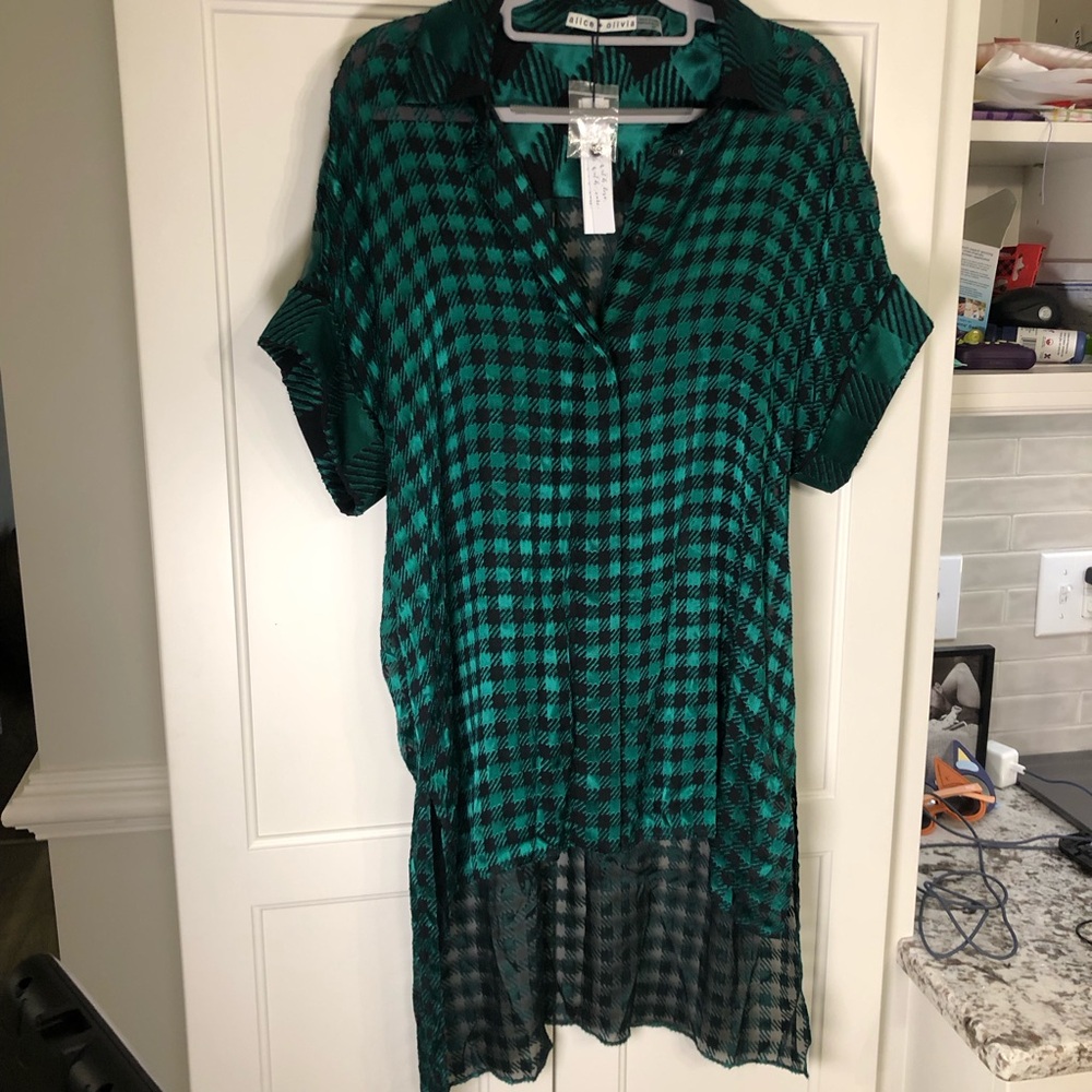 NWT Alice + Olivia Green and Black Button Down Silk Sheer Shirt
